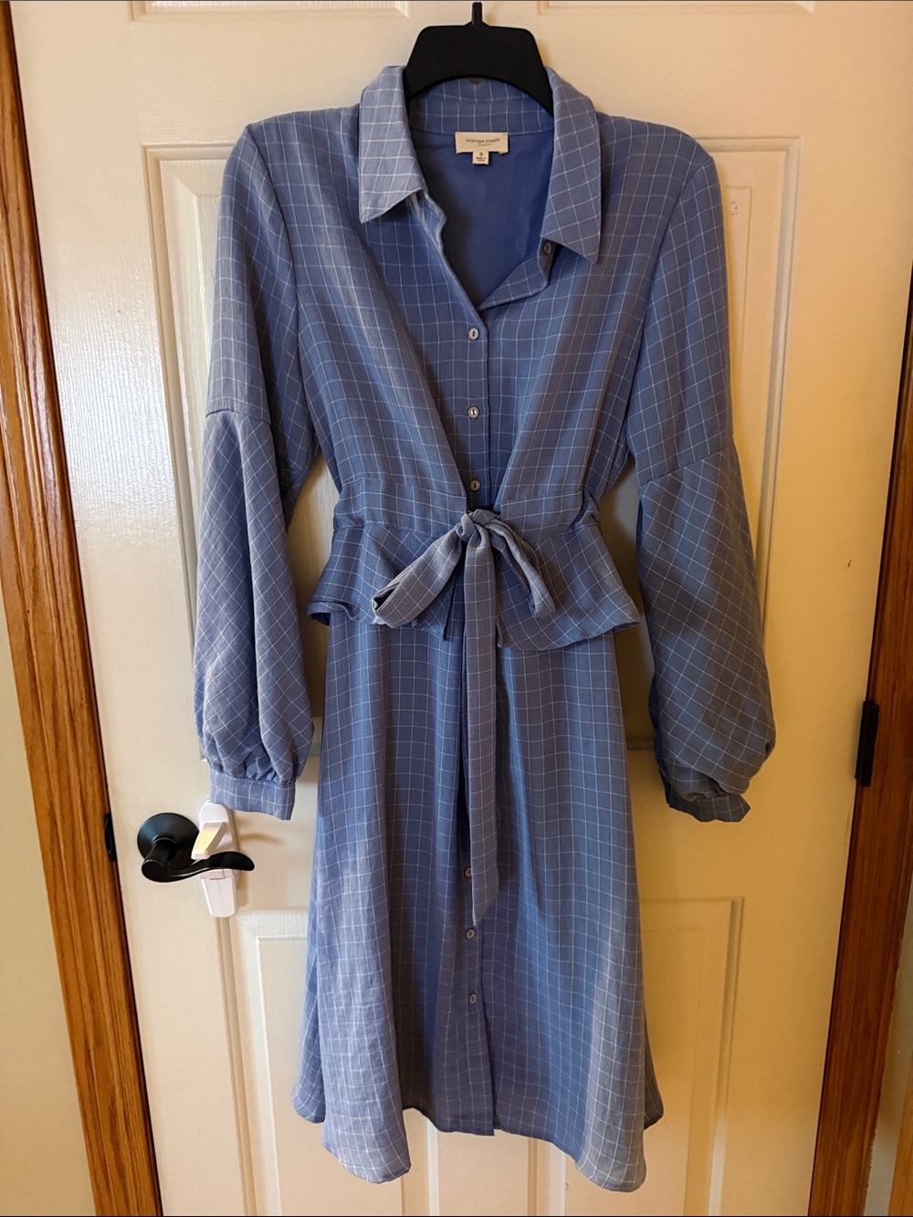 orange creek Blue Windowpane Tie-Waist Midi Shirt Dress